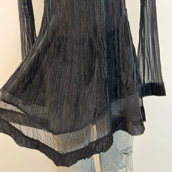 Komarov Beaded Neck Long-Sleeve Tunic Top Crinkled Sheer Fabric Black | Small - Picture 5 of 12